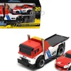 JDM Flatbed Truck #46 Red and White with Blue Stripes and 1972 Datsun 240Z #46 Red and White with Blue Stripes "BRE" "Muscle Transports" Series 1/64 Diecast Models by Muscle Machines