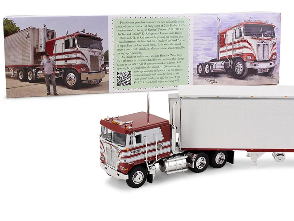 Kenworth K100 COE Flat Top and 53' Utility Trailer with Reefer "Red's Favorites - Jim Skrinar" Red with White Stripes 1/64 Diecast Model by DCP/First Gear