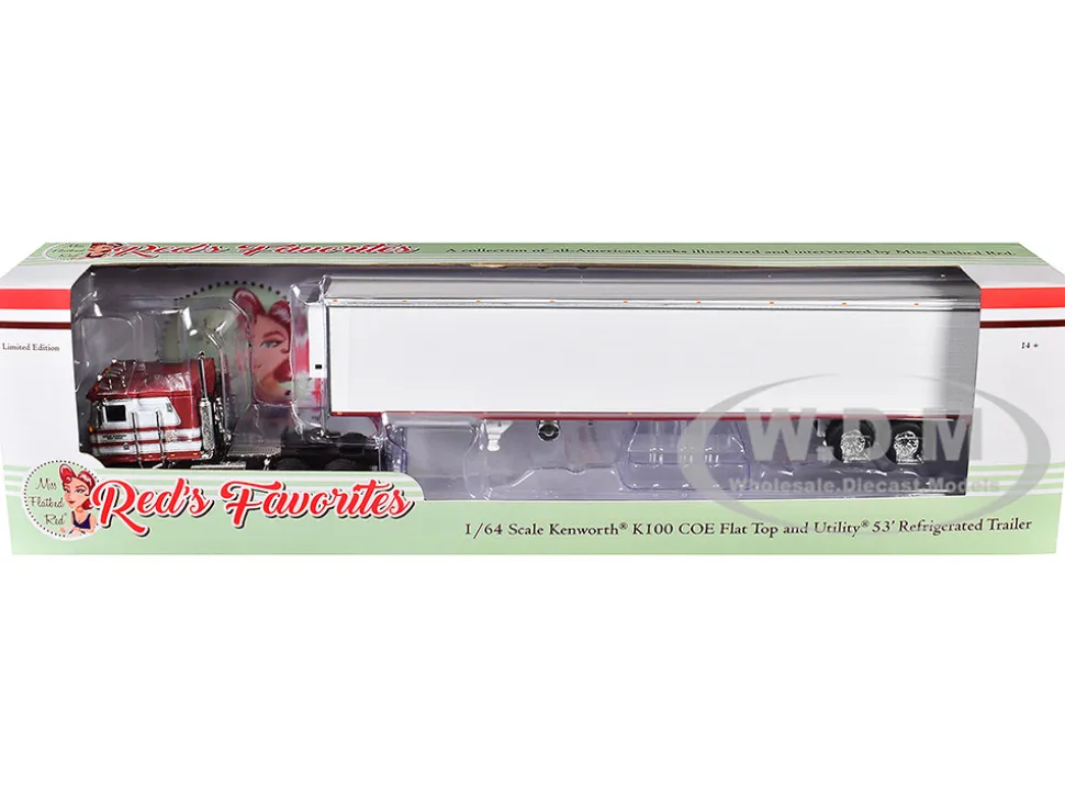 Kenworth K100 COE Flat Top and 53' Utility Trailer with Reefer "Red's Favorites - Jim Skrinar" Red with White Stripes 1/64 Diecast Model by DCP/First Gear