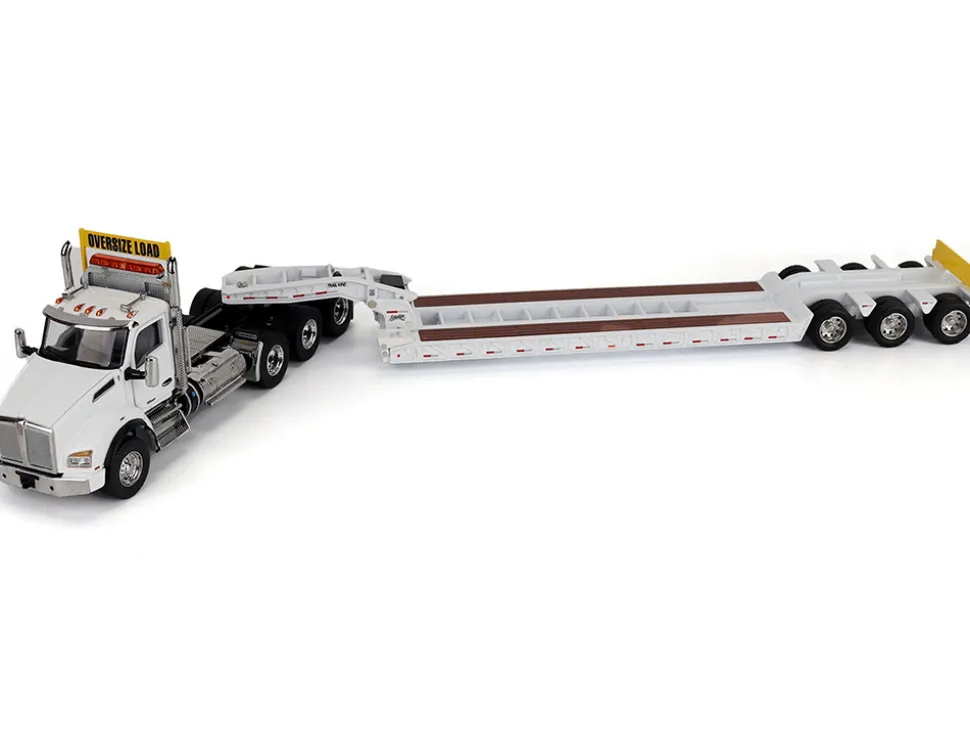 Kenworth T880 SBFA Tridem Truck with Trail King HDG Lowboy Trailer White "Transport Series" 1/50 Diecast Model by Diecast Masters