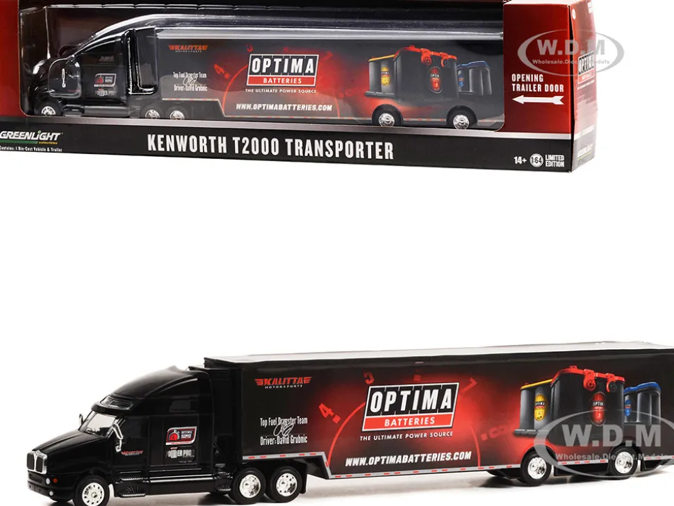 Kenworth T2000 Transporter Black OPTIMA Batteries The Ultimate Power Source Hobby Exclusive Series 1/64 Diecast Model Greenlight 30378