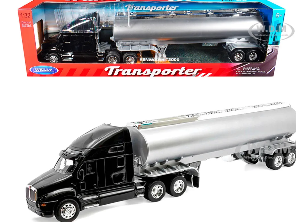 Kenworth T2000 Truck Black with Silver Tanker Trailer "Transporter" Series 1/32 Diecast Model by Welly