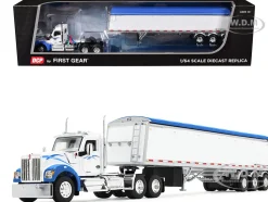 Kenworth W990 Day Cab and Lode King Distinction Hopper Trailer White and Blue 1/64 Diecast Model by DCP/First Gear