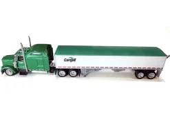 Kenworth W900L Truck Tractor with Sleeper Cab "Cargill" Green and Covered Grain Trailer White with Green Tarp Combo Set 1/87 (HO) Plastic Model Car by HO Logistics