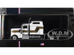 1995 Kenworth W900 Truck Tractor White with Black and Gold Stripes 1/64 Diecast Model by IXO Models