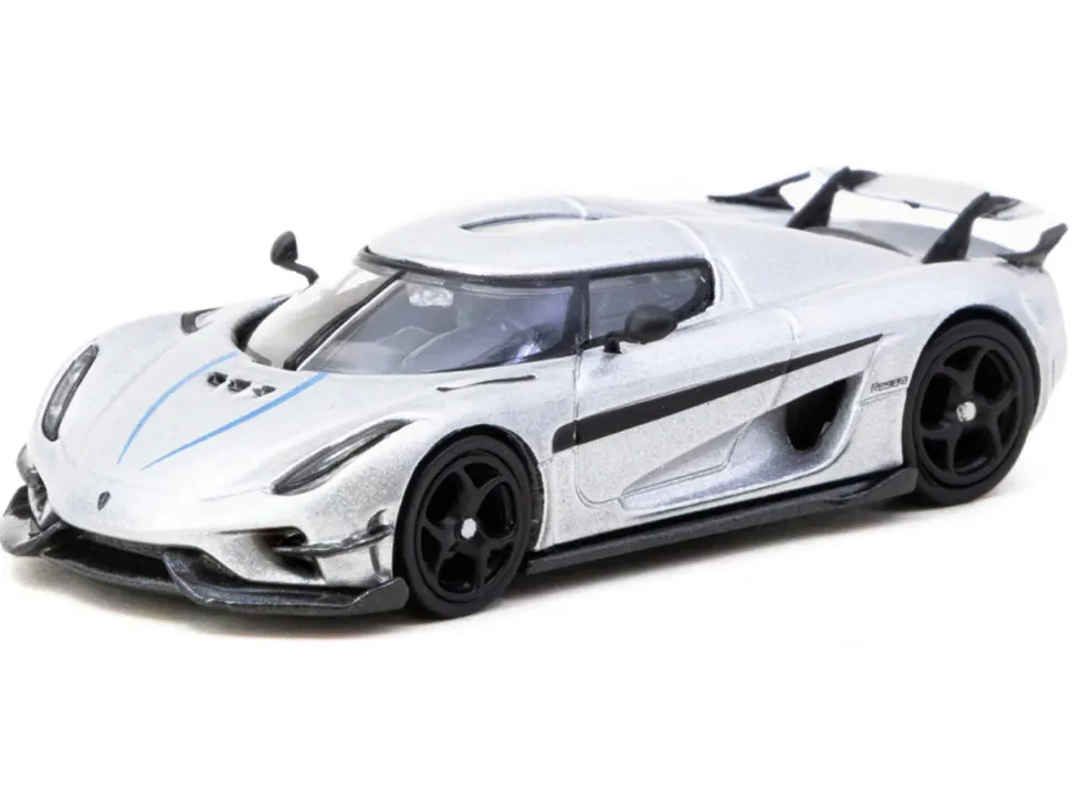Koenigsegg Regera Silver Metallic with Blue Accents and Collectible Tarmac Cards "Global64" Series 1/64 Diecast Model by Tarmac Works
