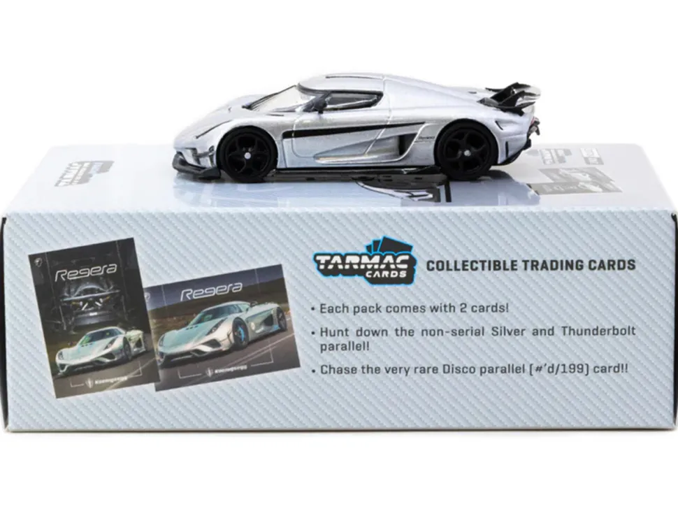 Koenigsegg Regera Silver Metallic with Blue Accents and Collectible Tarmac Cards "Global64" Series 1/64 Diecast Model by Tarmac Works