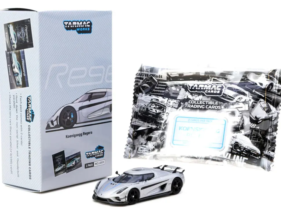 Koenigsegg Regera Silver Metallic with Blue Accents and Collectible Tarmac Cards "Global64" Series 1/64 Diecast Model by Tarmac Works