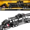 Mack Anthem Open Car Hauler Black with Red and White Stripes "Kenzie's Transport Services" and 1993 Chevrolet 454 SS Pickup Truck Black "Transporters" Series 1/64 Diecast Models by Maisto