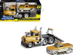 1980 Mack A685ST Flatbed Truck Gold Metallic with Beige Stripes "Madman Garage" and 1972 Chevrolet C10 Pickup Truck Gold Metallic and Beige "Muscle Transports" Series 1/64 Diecast Models by Muscle Machines
