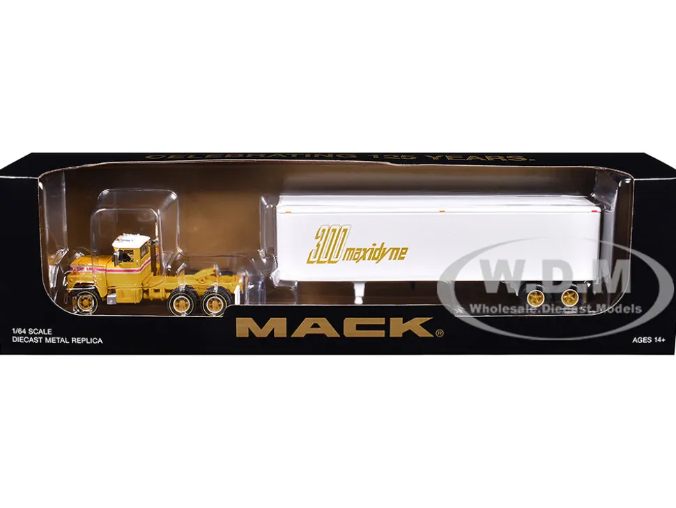 Mack R-Model Day Cab and 40' Vintage Trailer Yellow with Red Stripes and White Top "Mack Anniversary" 1/64 Diecast Model by DCP/First Gear