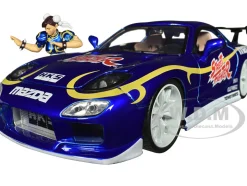 1993 Mazda RX-7 Candy Blue Metallic with Graphics and Chun-Li Diecast Figure Street Fighter Video Game Anime Hollywood Rides Series 1/24 Diecast Model Car Jada 30838