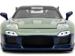 1993 Mazda RX 7 Dark Blue with Green Hood and Kakashi Hatake Diecast Figure Naruto Shippuden 2009 2017 TV Series Anime Hollywood Rides Series 1/24 Diecast Model Car Jada 34370