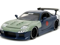1993 Mazda RX 7 Dark Blue with Green Hood and Kakashi Hatake Diecast Figure Naruto Shippuden 2009 2017 TV Series Anime Hollywood Rides Series 1/24 Diecast Model Car Jada 34370