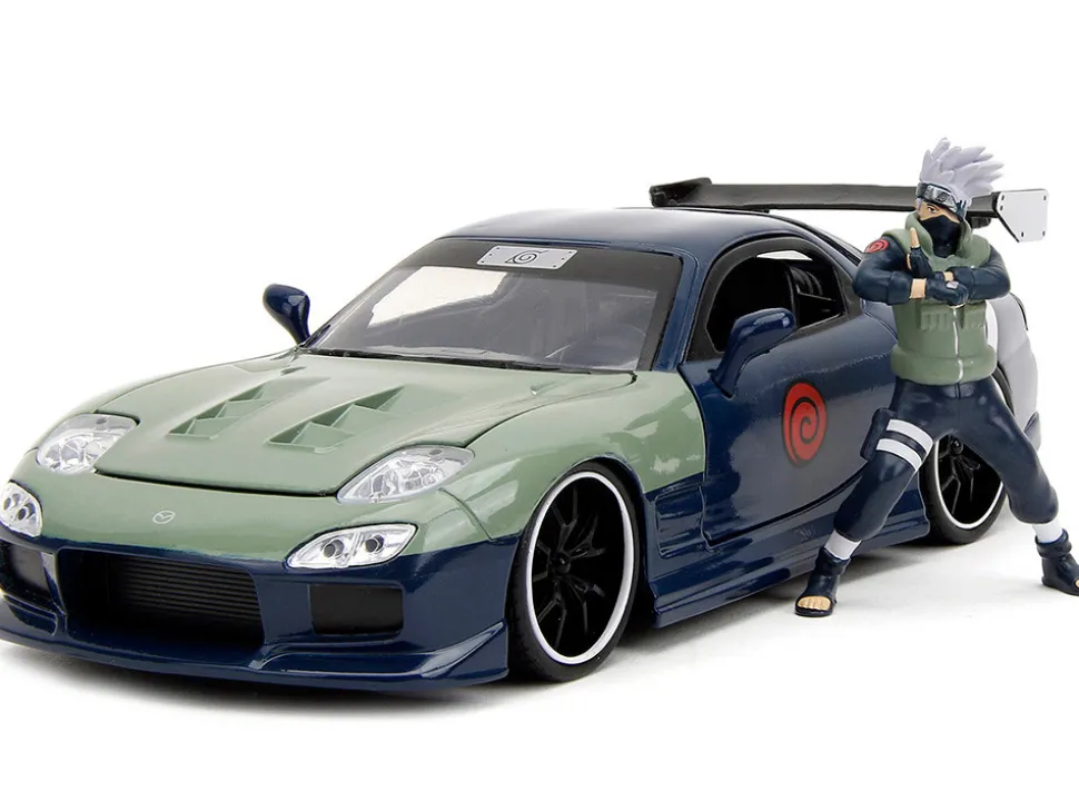 1993 Mazda RX 7 Dark Blue with Green Hood and Kakashi Hatake Diecast Figure Naruto Shippuden 2009 2017 TV Series Anime Hollywood Rides Series 1/24 Diecast Model Car Jada 34370
