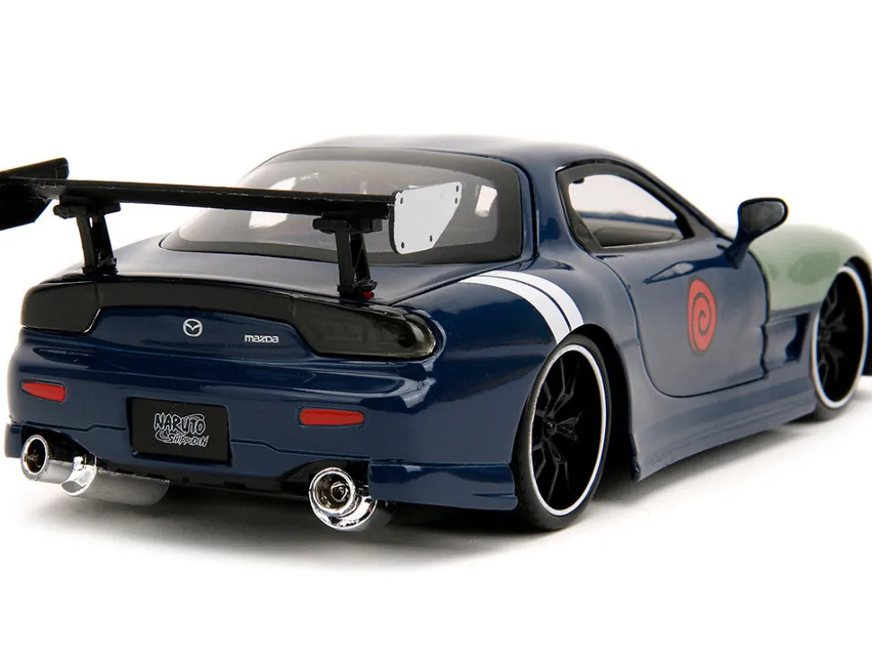 1993 Mazda RX 7 Dark Blue with Green Hood and Kakashi Hatake Diecast Figure Naruto Shippuden 2009 2017 TV Series Anime Hollywood Rides Series 1/24 Diecast Model Car Jada 34370