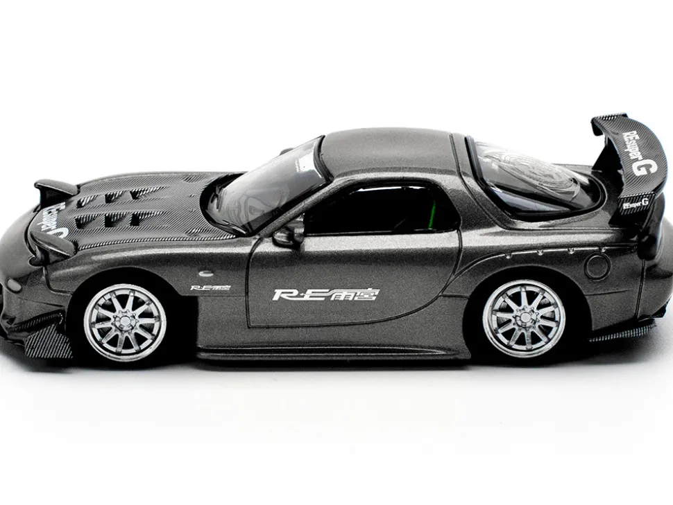 Mazda RX7 (FD) "RE Amemiya" Widebody RHD (Right Hand Drive) Gunmetal Gray Metallic with Carbon Hood 1/64 Diecast Model Car by Pop Race