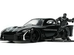 1995 Mazda RX 7 RHD Right Hand Drive Black and Black Panther Diecast Figure The Avengers Hollywood Rides Series 1/32 Diecast Model Car Jada 33078