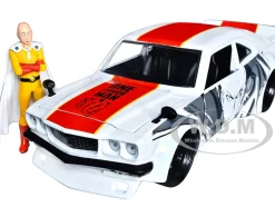 1974 Mazda RX-3 White Red Stripe Graphics Saitama Diecast Figure One Punch Man 2015-2019 TV Series 1/24 Diecast Model Car Jada 33688
