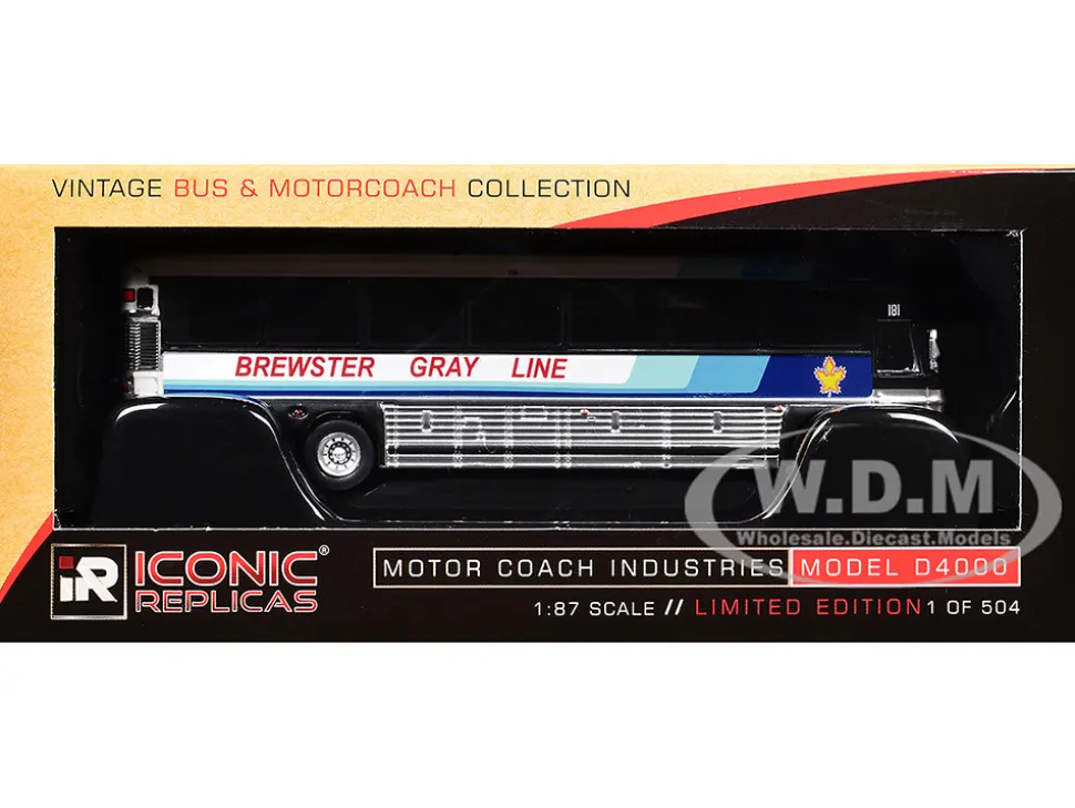 2001 MCI D4000 Coach Bus "Brewster Gray Line" White with Blue Stripes "Vintage Bus & Motorcoach Collection" Limited Edition to 504 pieces Worldwide 1/87 (HO) Diecast Model by Iconic Replicas