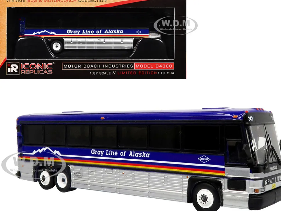 2001 MCI D4000 Coach Bus "Gray Line of Alaska" Dark Blue with Stripes "Vintage Bus & Motorcoach Collection" Limited Edition to 504 pieces Worldwide 1/87 (HO) Diecast Model by Iconic Replicas
