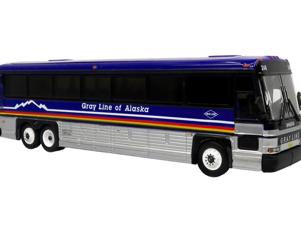 2001 MCI D4000 Coach Bus "Gray Line of Alaska" Dark Blue with Stripes "Vintage Bus & Motorcoach Collection" Limited Edition to 504 pieces Worldwide 1/87 (HO) Diecast Model by Iconic Replicas