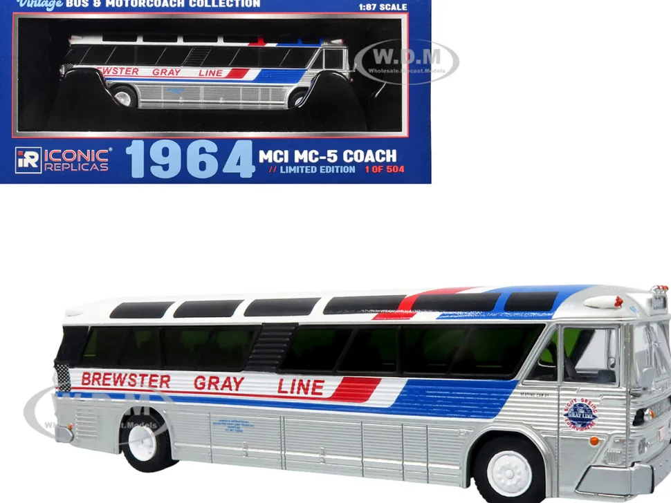 1964 MCI MC-5A Coach Bus "Brewster Gray Line" Silver with Blue and Red Stripes "Vintage Bus & Motorcoach Collection" Limited Edition to 504 pieces Worldwide 1/87 (HO) Diecast Model by Iconic Replicas
