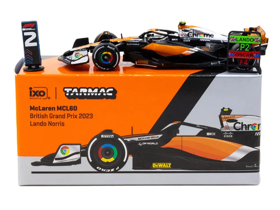 McLaren MCL60 #4 Lando Norris 2nd Place Formula One F1 "British GP" (2023) with Pitboards "Global64" Series 1/64 Diecast Model Car by Tarmac Works