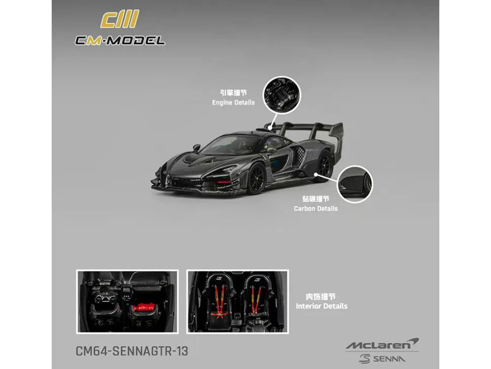 McLaren Senna GTR Dark Gray Metallic with Carbon Hood and Black Top 1/64 Diecast Model Car by CM Model