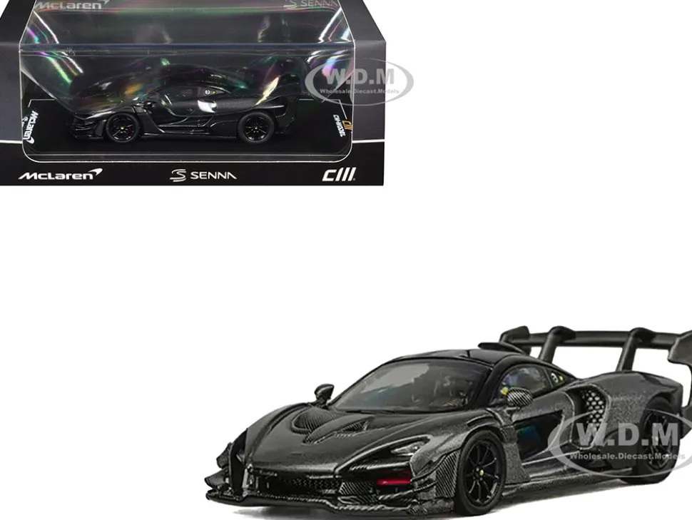 McLaren Senna GTR Dark Gray Metallic with Carbon Hood and Black Top 1/64 Diecast Model Car by CM Model