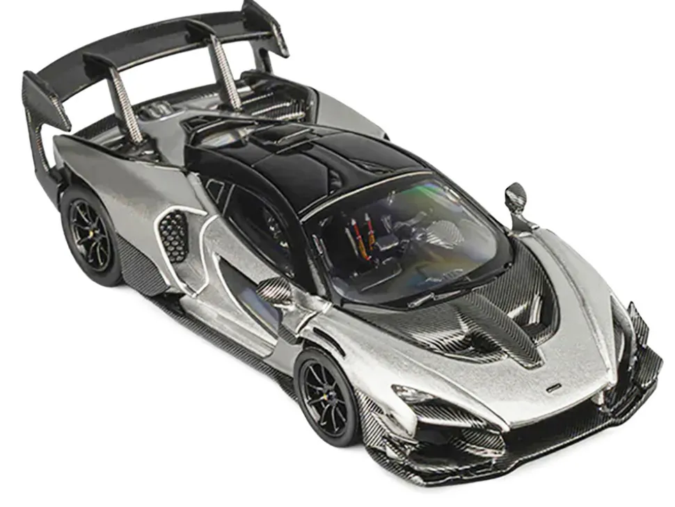 McLaren Senna GTR Silver Gray Metallic with Carbon Hood and Black Top 1/64 Diecast Model Car by CM Model