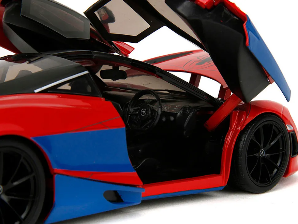 McLaren 720S Red and Blue with Black Top and Graphics and Spider-Man Diecast Figure "Marvel Spider-Man" "Hollywood Rides" Series 1/24 Diecast Model Car by Jada