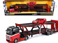 Mercedes-Benz Actros Open Car Hauler Red and Black with White Stripes and 1990 Mercedes-Benz 190E Red "Transporters" Series 1/64 Diecast Models by Maisto