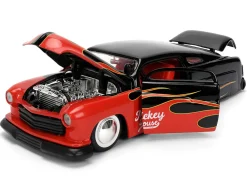 1951 Mercury Coupe Black with Flame Graphics and Red Interior and Mickey Mouse Diecast Figure "Disney's Mickey Mouse" "Hollywood Rides" Series 1/24 Diecast Model Car by Jada
