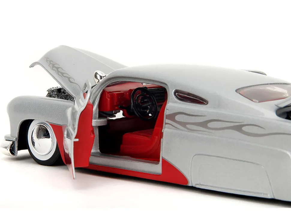 1951 Mercury Silver Metallic and Red with Flame Graphics and Red Interior "Bigtime Muscle" Series 1/24 Diecast Model Car by Jada