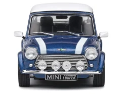 1994 Mini Cooper Sport Tahiti Blue Metallic with White Top and Stripes 1/43 Diecast Model Car by Solido