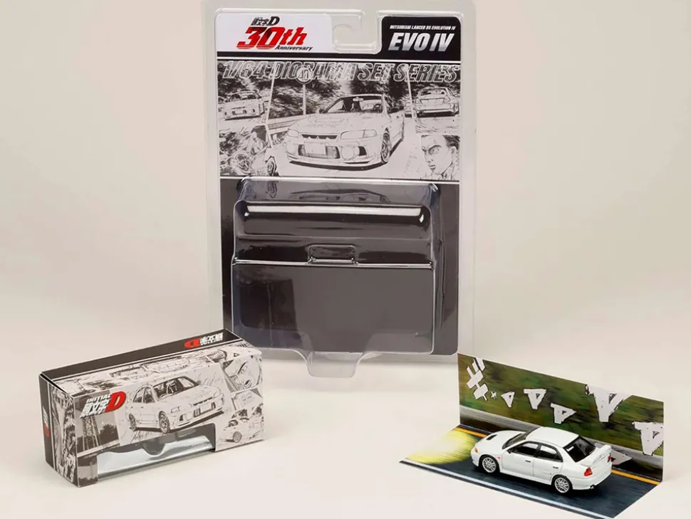 Mitsubishi Lancer RS Evolution IV RHD (Right Hand Drive) "MonStar" White "Initial D" (1995-2013) Manga "Diorama Set Series" 1/64 Diecast Model Car by Hobby Japan