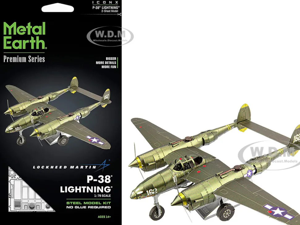Model Kit Lockheed Martin P-38 Lightning Fighter Aircraft "#162" United States Army Air Forces (Challenging Difficulty) Model by Metal Earth