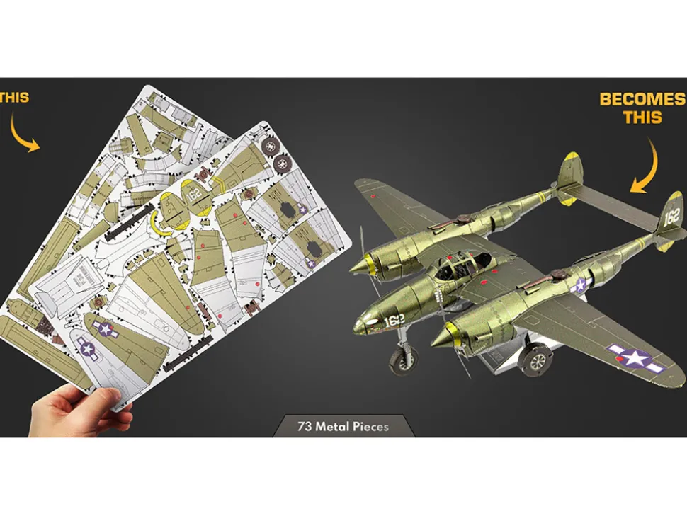 Model Kit Lockheed Martin P-38 Lightning Fighter Aircraft "#162" United States Army Air Forces (Challenging Difficulty) Model by Metal Earth