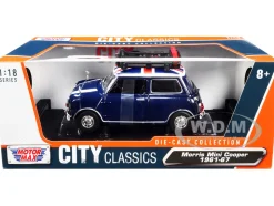 1961-1967 Morris Mini Cooper RHD Right Hand Drive Dark Blue British Flag on the Top Roof Rack City Classics Series 1/18 Diecast Model Car Motormax 79741