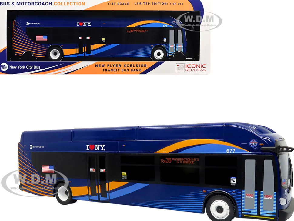 New Flyer Xcelsior Transit Bus Bank "MTA New York City" Blue with Graphics "The Bus & Motorcoach Collection" Limited Edition to 504 Pieces Worldwide 1/43 Model by Iconic Replicas