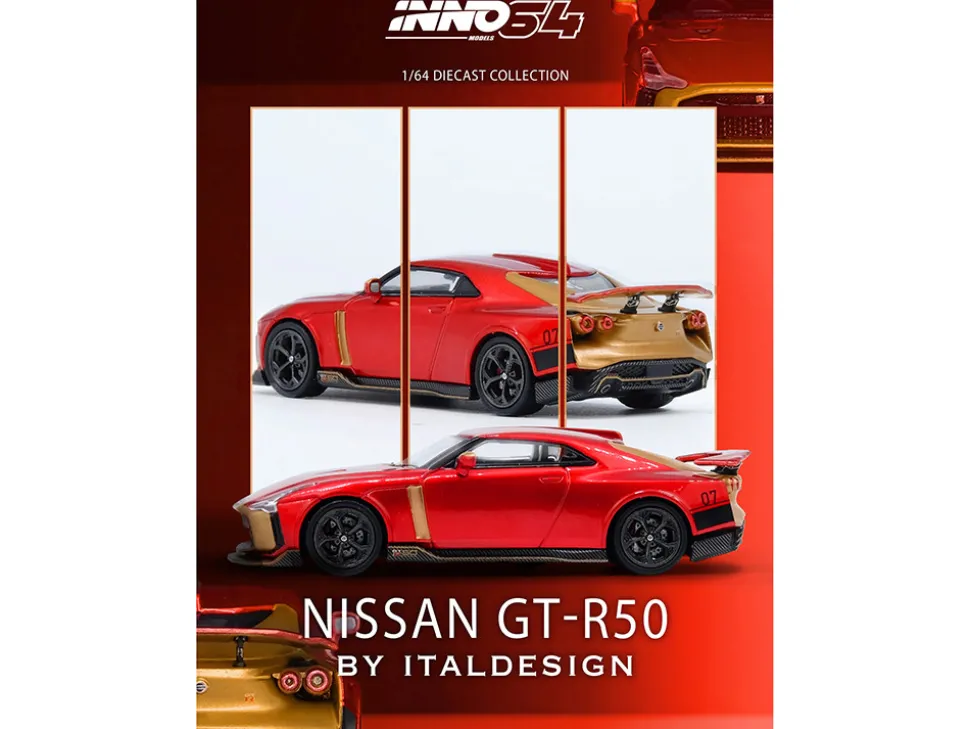 Nissan GT-R50 By ItalDesign Red Metallic with Gold Accents 1/64 Diecast Model Car by Inno Models