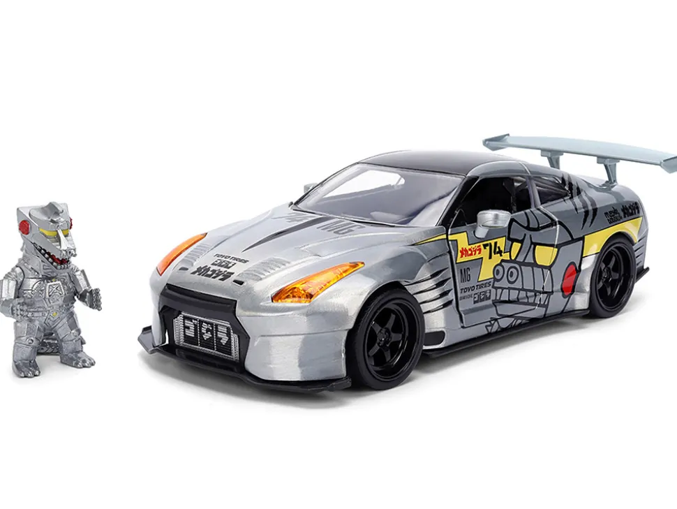 2009 Nissan GT-R (R35) Ben Sopra Brushed Metal with Black Top and Graphics and Mechagodzilla Diecast Figure "Godzilla" Franchise "Anime Hollywood Rides" Series 1/24 Diecast Model by Jada