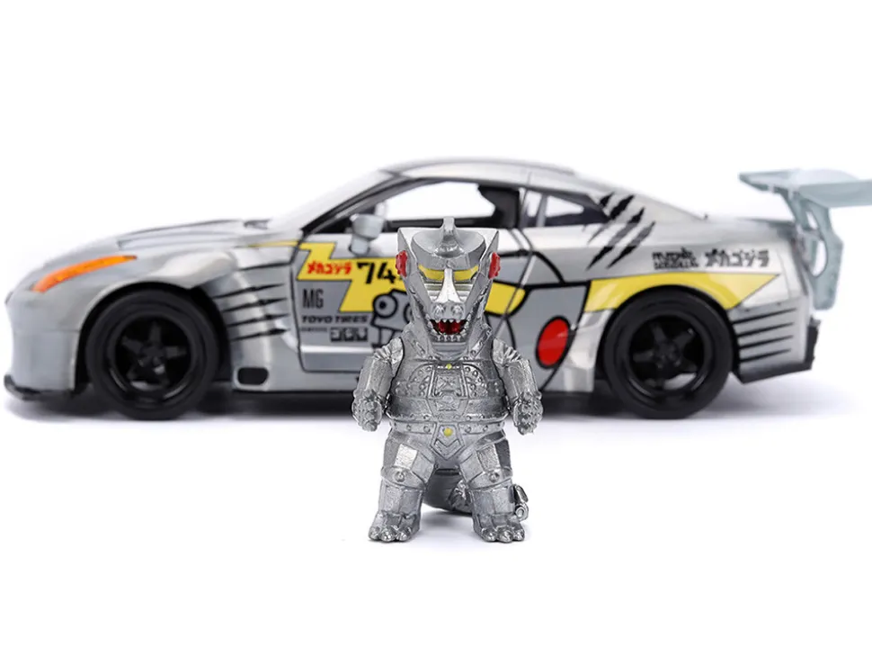 2009 Nissan GT-R (R35) Ben Sopra Brushed Metal with Black Top and Graphics and Mechagodzilla Diecast Figure "Godzilla" Franchise "Anime Hollywood Rides" Series 1/24 Diecast Model by Jada