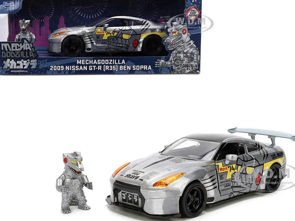 2009 Nissan GT-R (R35) Ben Sopra Brushed Metal with Black Top and Graphics and Mechagodzilla Diecast Figure "Godzilla" Franchise "Anime Hollywood Rides" Series 1/24 Diecast Model by Jada