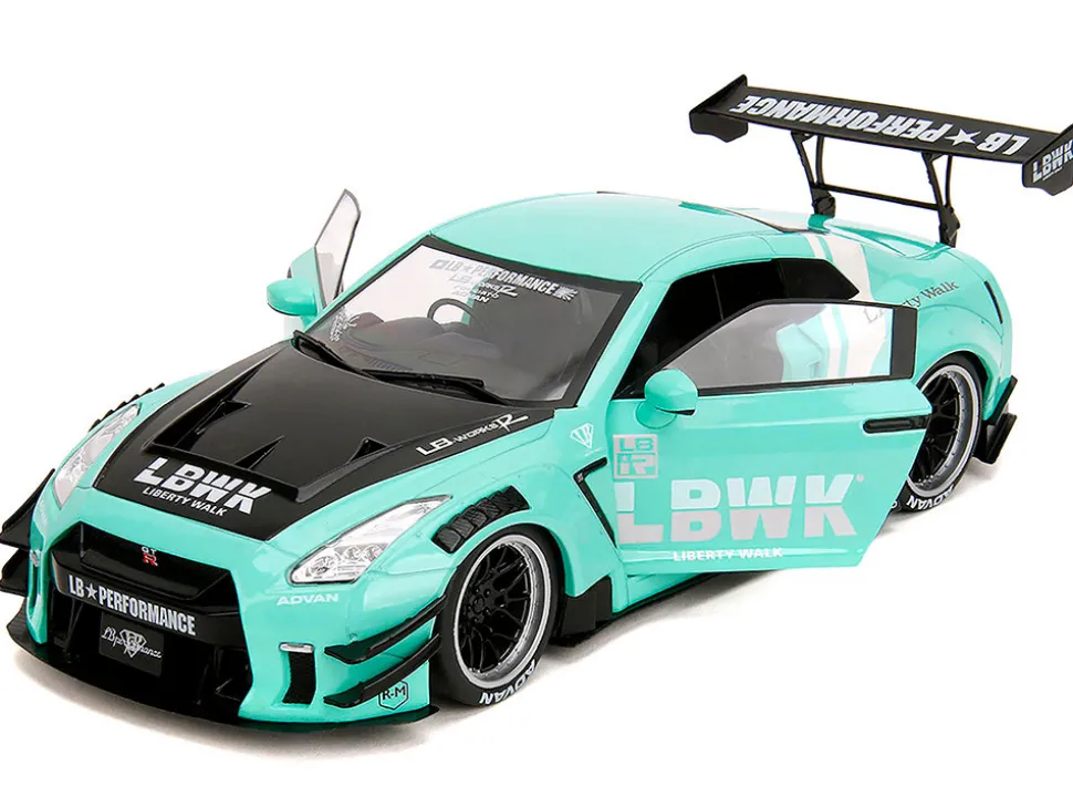 Nissan GT-R (R35) Liberty Walk Body Kit 2.0 RHD (Right Hand Drive) Light Blue with Black Hood and White Stripes "Pink Slips" Series 1/18 Diecast Model Car by Jada