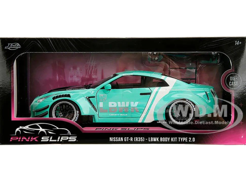 Nissan GT-R (R35) Liberty Walk Body Kit 2.0 RHD (Right Hand Drive) Light Blue with Black Hood and White Stripes "Pink Slips" Series 1/18 Diecast Model Car by Jada