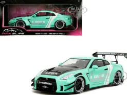 Nissan GT-R (R35) Liberty Walk Body Kit 2.0 RHD (Right Hand Drive) Light Blue with Black Hood and White Stripes
