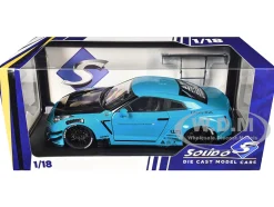 2023 Nissan GT-R (R35) Liberty Walk Body Kit 2.0 RHD (Right Hand Drive) Baby Blue with Carbon Hood 1/18 Diecast Model Car by Solido