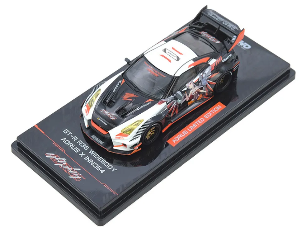 Nissan GT-R (R35) Widebody RHD (Right Hand Drive) Black and White with Graphics "AORUS X INNO64 Limited Edition" 1/64 Diecast Model Car by Inno Models
